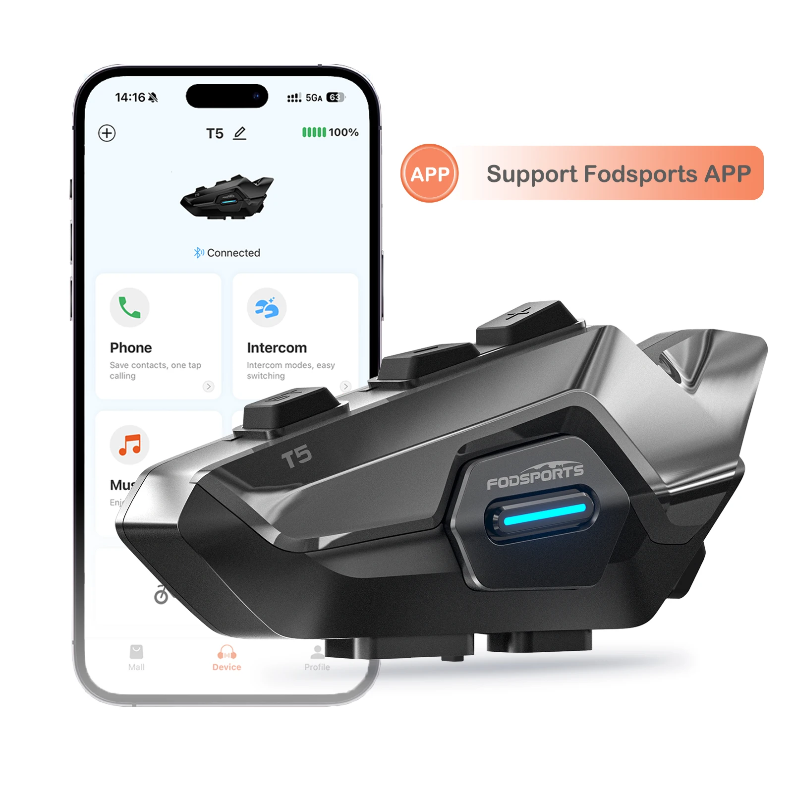 New Fodsports T5 Motorcycle Intercom Bluetooth Helmet Headsets, BT5.4 Moto Communicator, Music Share,FM,Multiple Languages Menu