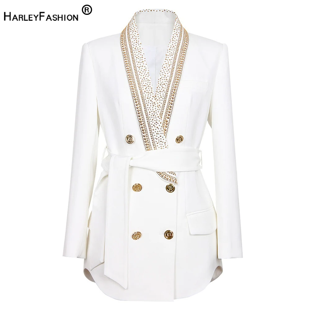 Unique Desinger Vintage Gold Sequined Beads Shawl Collar Lace-up White Blazer for Women Retro Jacket