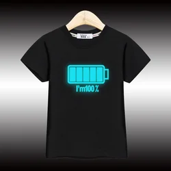 2024 Boys New Night Noctilucent  T-shirt Battery Pattern Tops Children Summer Cotton Shirt 3-14T