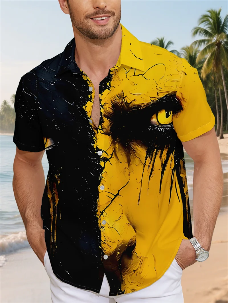 

Мужские рубашки для пляжного отдыха: черно-желтые с принтом «Глаз пантеры», на пуговицах, с коротким рукавом, высококачественная мужская одежда