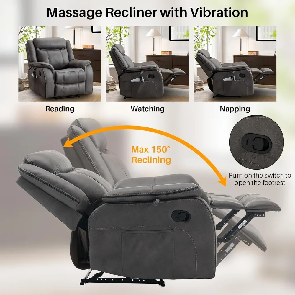 Kursi Pijat Recliner dengan Pemanas, Kursi Recliner Kulit Imitasi untuk Dewasa, Kursi Santai Ergonomis Manual Lebar 39 inci