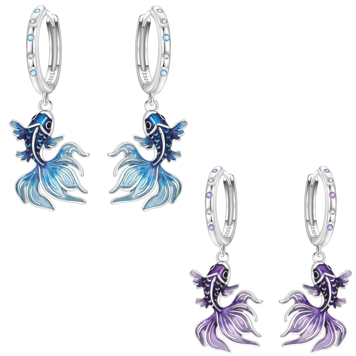 PANPOKI 925 Sterling Silber Glücksbringer Blau-Lila Koi-Fisch Ohrringe Original Schmuck Hängeohrringe Schmuck Party Jubiläumsgeschenke