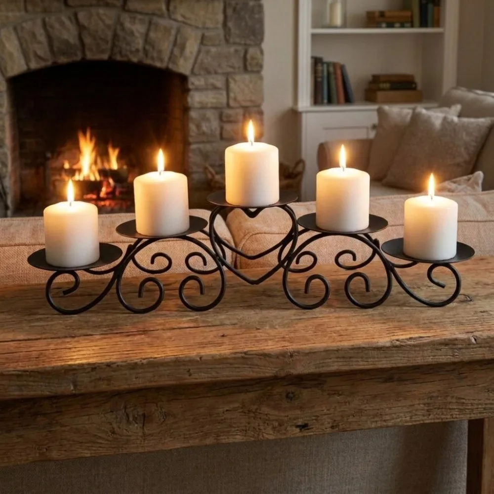 Wrought Iron Metal Heart Shaped Candle Holder Minimalist Romantic Candlestick Holders Modern Five Headed Candlestick