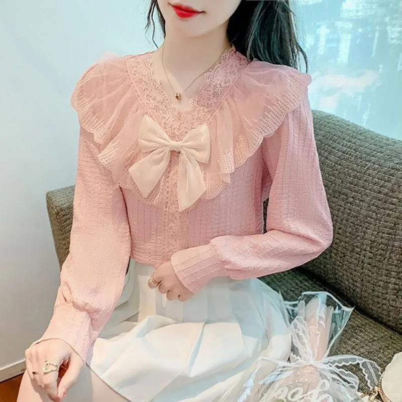 Fashion V-Neck Gauze Lace Ruffles Bow Blouses Women\'s Clothing 2023 Autumn Winter Loose Office Lady Tops Sweet Shirts