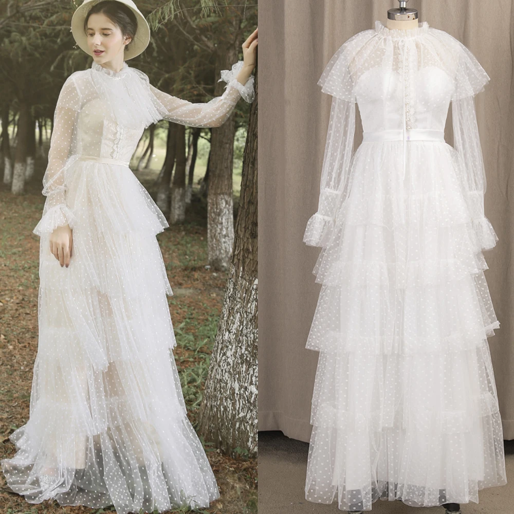 Abito da sposa a maniche lunghe a pois a maniche lunghe abito da sposa in Tulle a strati musulmano Vintage a collo alto con applicazioni a strati retrò su misura