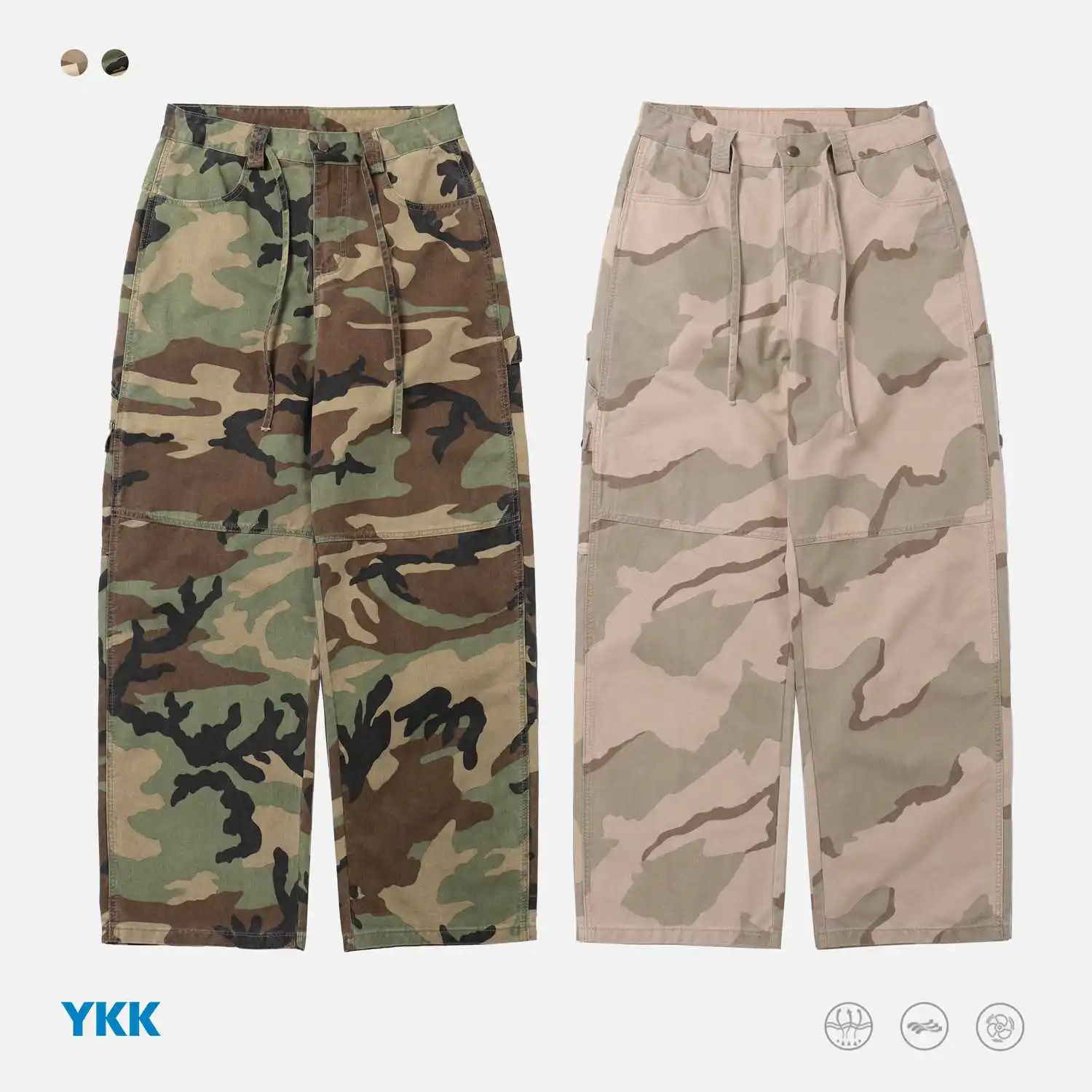 American Style Workwear Camouflage Logging Street Washed Loose Wide Leg Straight Cut Multi Pocket Long Pants for Men