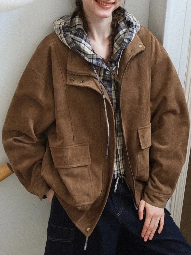 ZMEENNA veste zippée marron en faux daim pour femme avec poches vêtements d'extérieur chics et décontractés pour l'automne élégant léger ZM3788