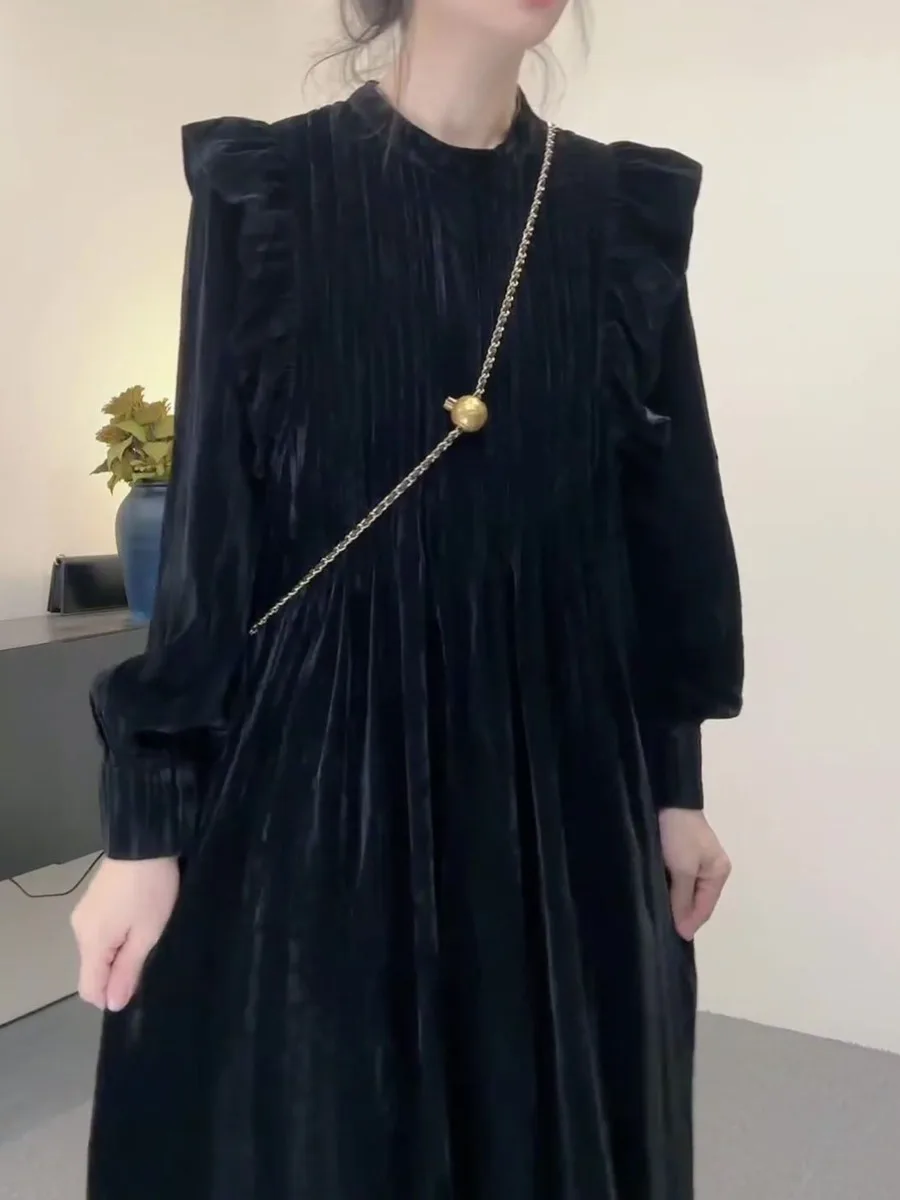 Chic Velvet Pleated Dress Women Long Sleeve Elegant Midi Dress Women Autumn Winter Trend Casual Korean Formal Party Dress