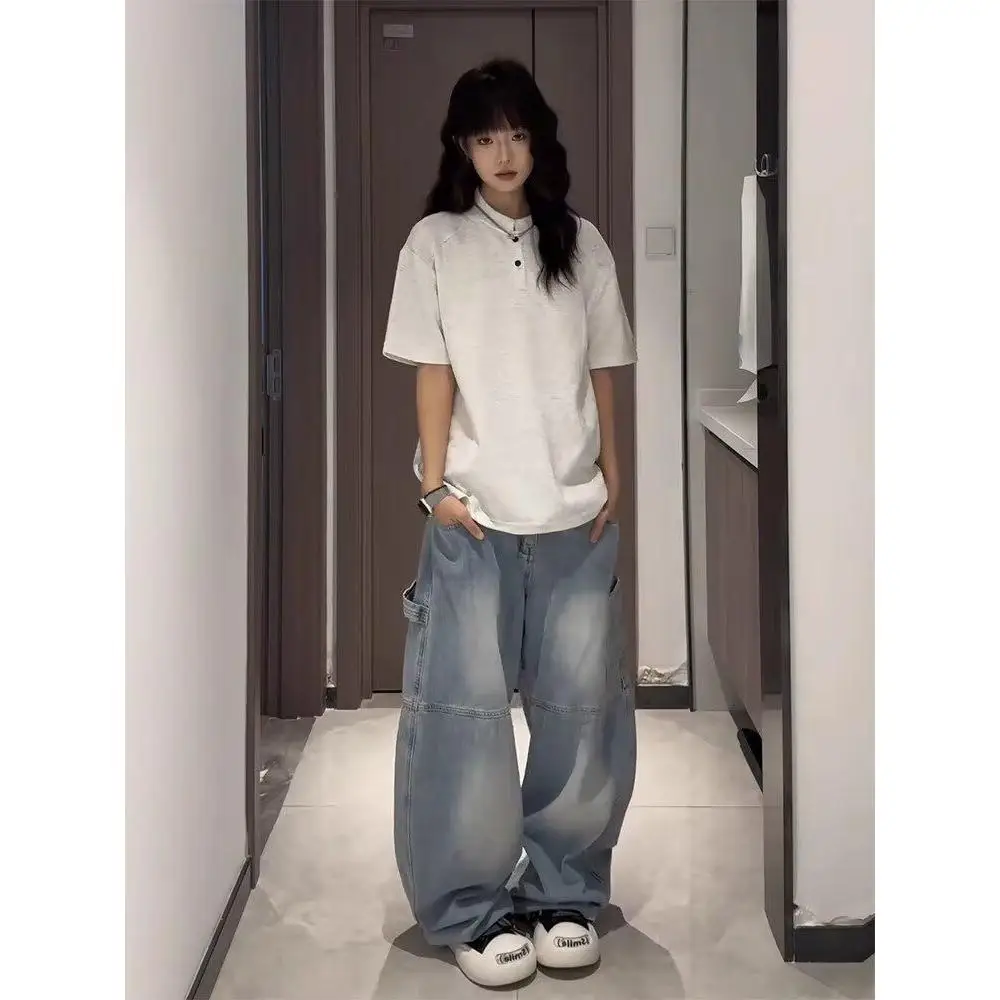 

Waed Distred American Street Sle Loose Fit High Waist Denim Jeans Women's Spring Autumn Straight Leg Vibe Trousers