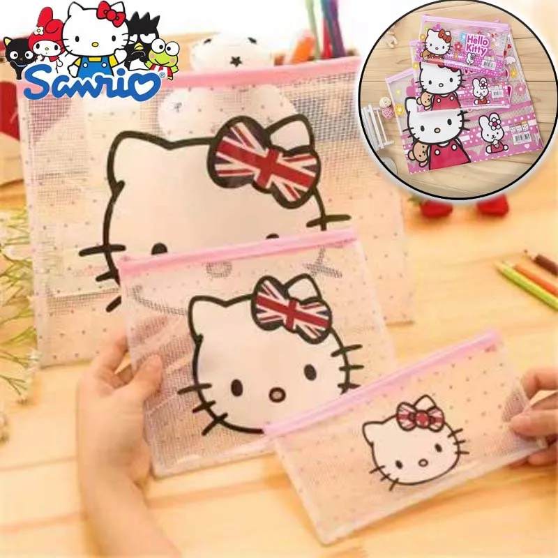 Sanrio Hello Kitty Mesh Zipper File Bag Waterproof Moisture-proof Zipper Folder Toy Storage Bag Storage Tools Cosmetic Bag Gifts