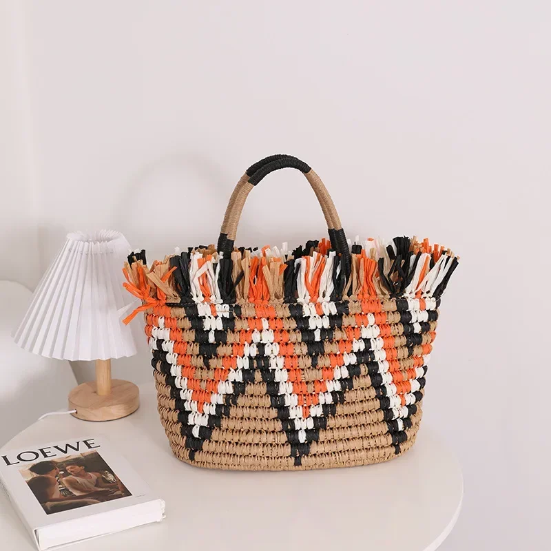 

Vintage Straw Bags For Women New In High Capacity Fashion Casual Tassel Tote Bag Trend Chic Design Wave Color Matching Handbag