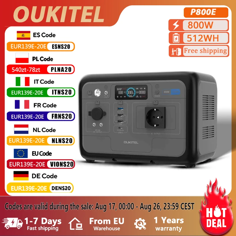 OUKITEL P800E Przenośna Stacja Zasilania 800W Generator Solarny 512Wh Bateria Lifepo4 Zasilanie Awaryjne do Domu Kemping na Zewnątrz Mobilne Zasilanie