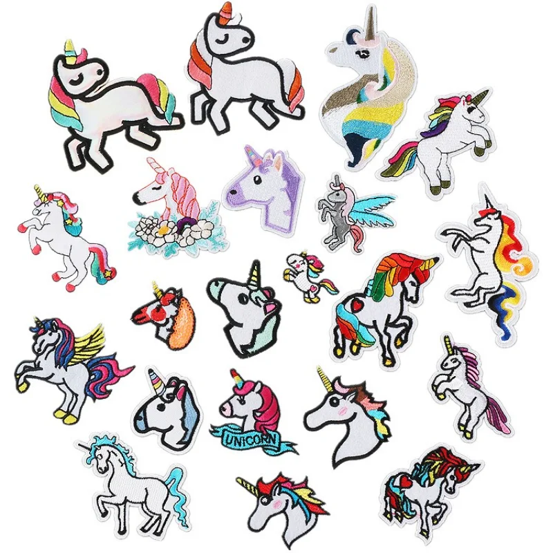 Cartoon Unicorn Embroidered Appliques Winged White Horse Cute Iron on Patches for Children Clothing DIY Colorful Pony Head Logo