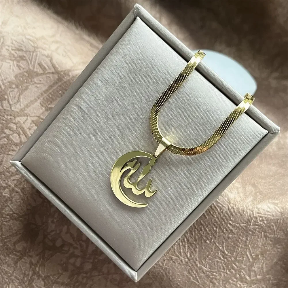 Cresent Moon Arabic Muslim Pendant Necklace Islam Muslim Allah Jewelry Stainless Steel Eid Ramadan Gifts