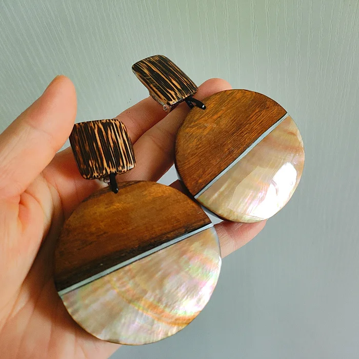 vintage-free-wooden-color-block-oversized-round-earrings-silver-needle-clip-on-for-women-retro-fashion-jewelry-accessories