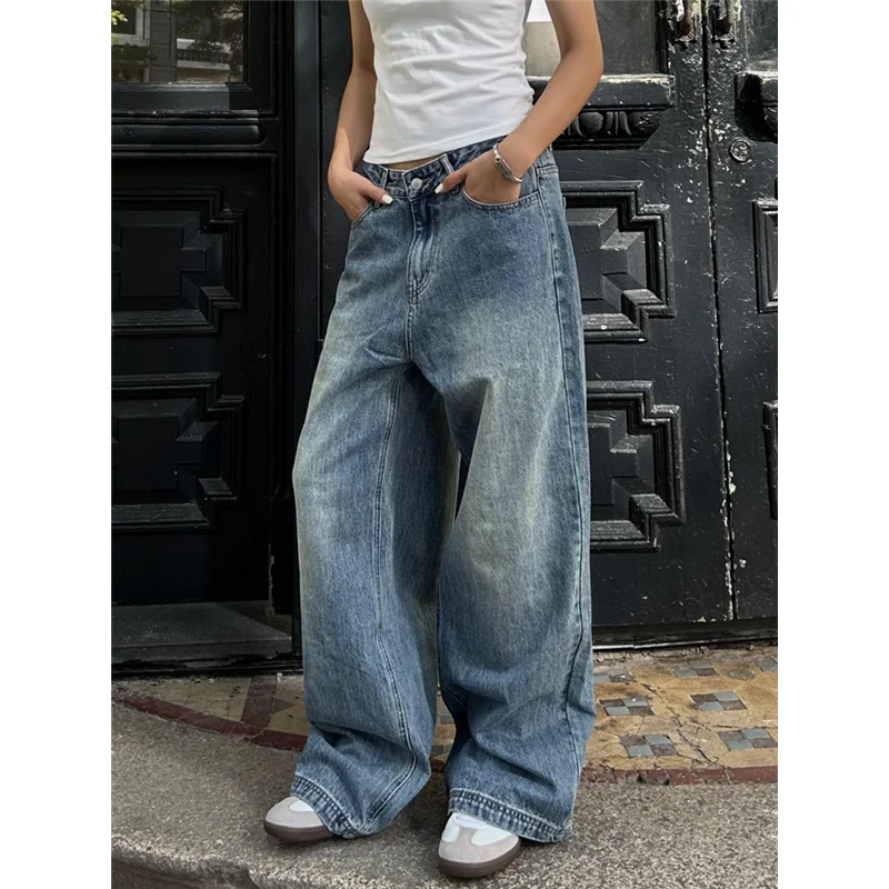 Blue Womens Jeans High Waist Vintage Straight Summer Y2K Classic Denim Pants Streetwear American Wide Leg Baggy Denim Trouser