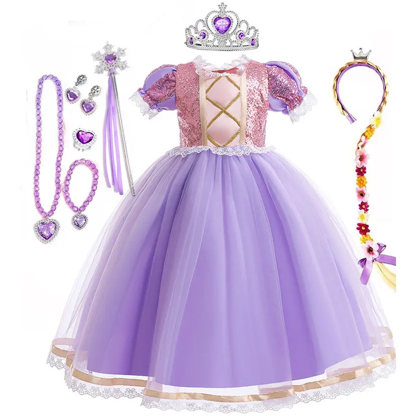 

Sequined Princess Party Ball Gown for Girls Festival Halloween Cosplay Tangled Movie Rapunzel Dress Kids Christmas Purple Frocks