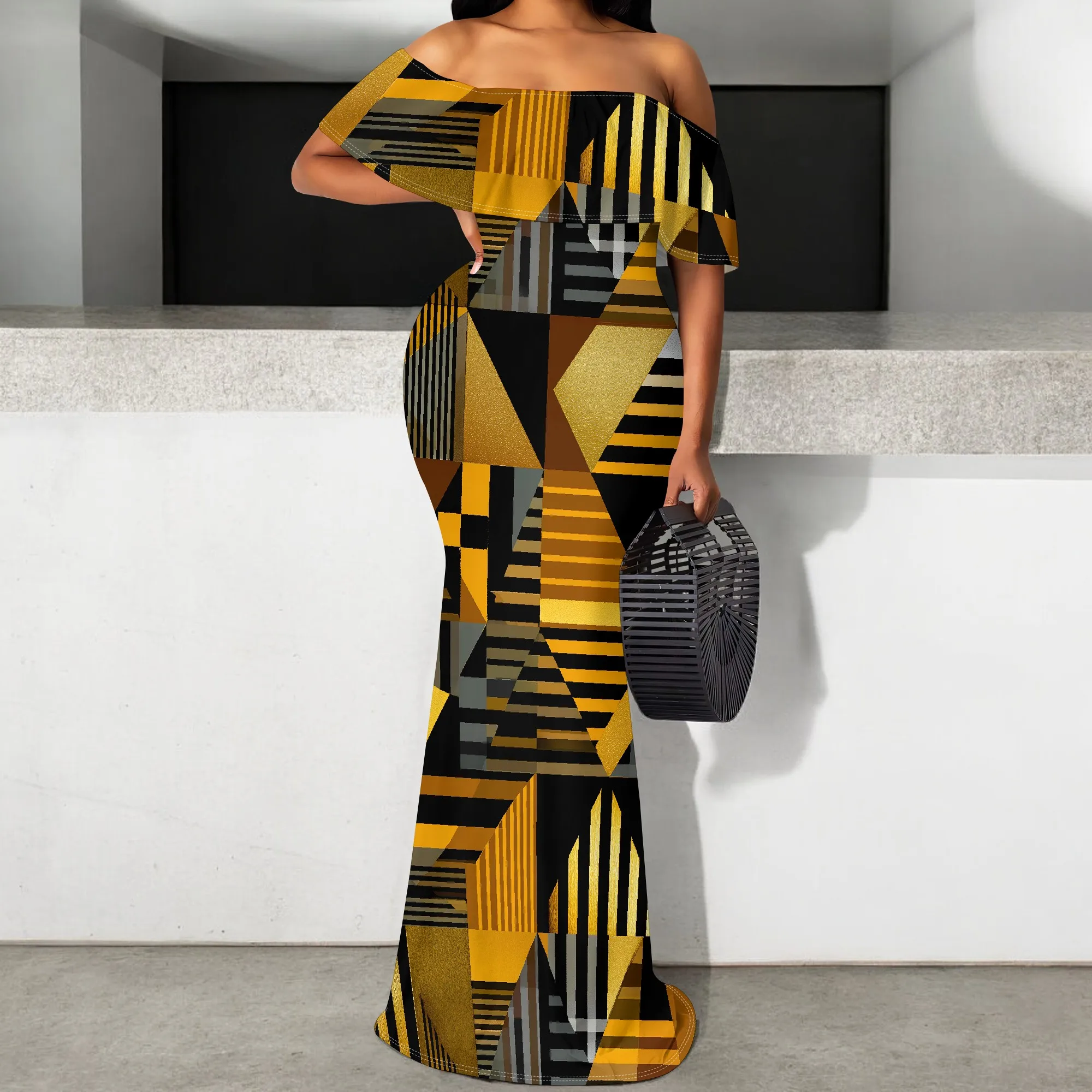 

Elegant Maxi Dress Women's S-3XL Off Shoulder Geometric Print Bodycon Party Evening Dress