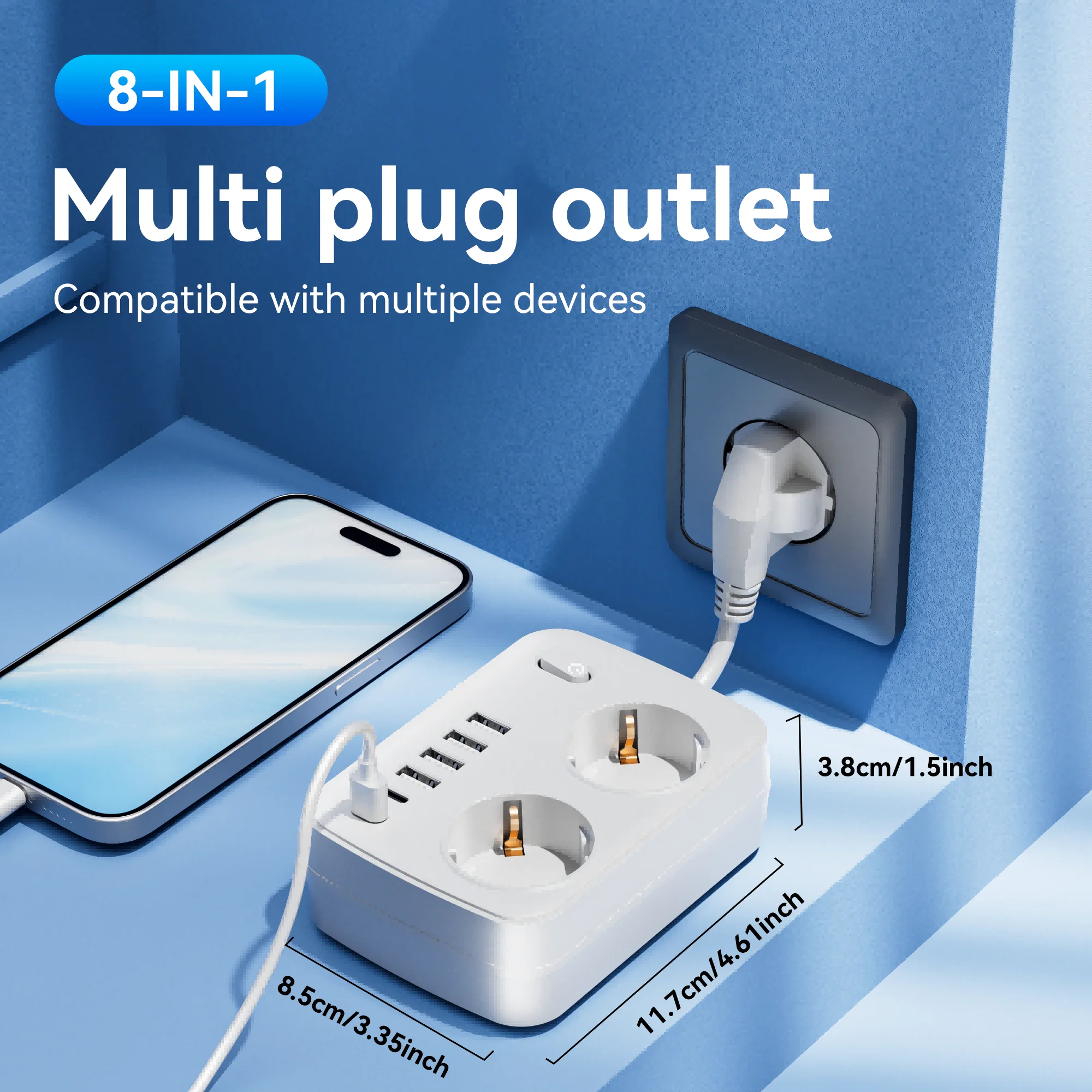 1 Pc Multi-Functional Power Strip with Switch, Surge Protection And 2 AC Outlets，4 USB-A Ports And 2 Type-C Ports - for Travel