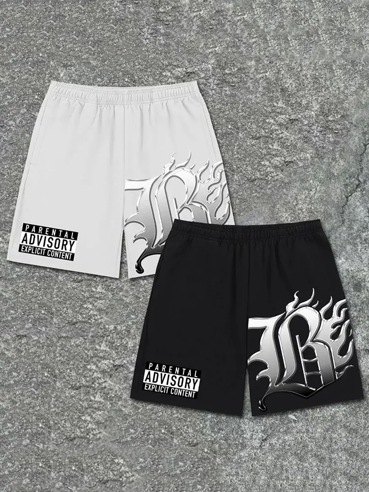 Shorts retrô letra B de metal flame masculino, calças largas, moletom solto, calças góticas de perna larga, streetwear Harajuku, calça curta de ginástica