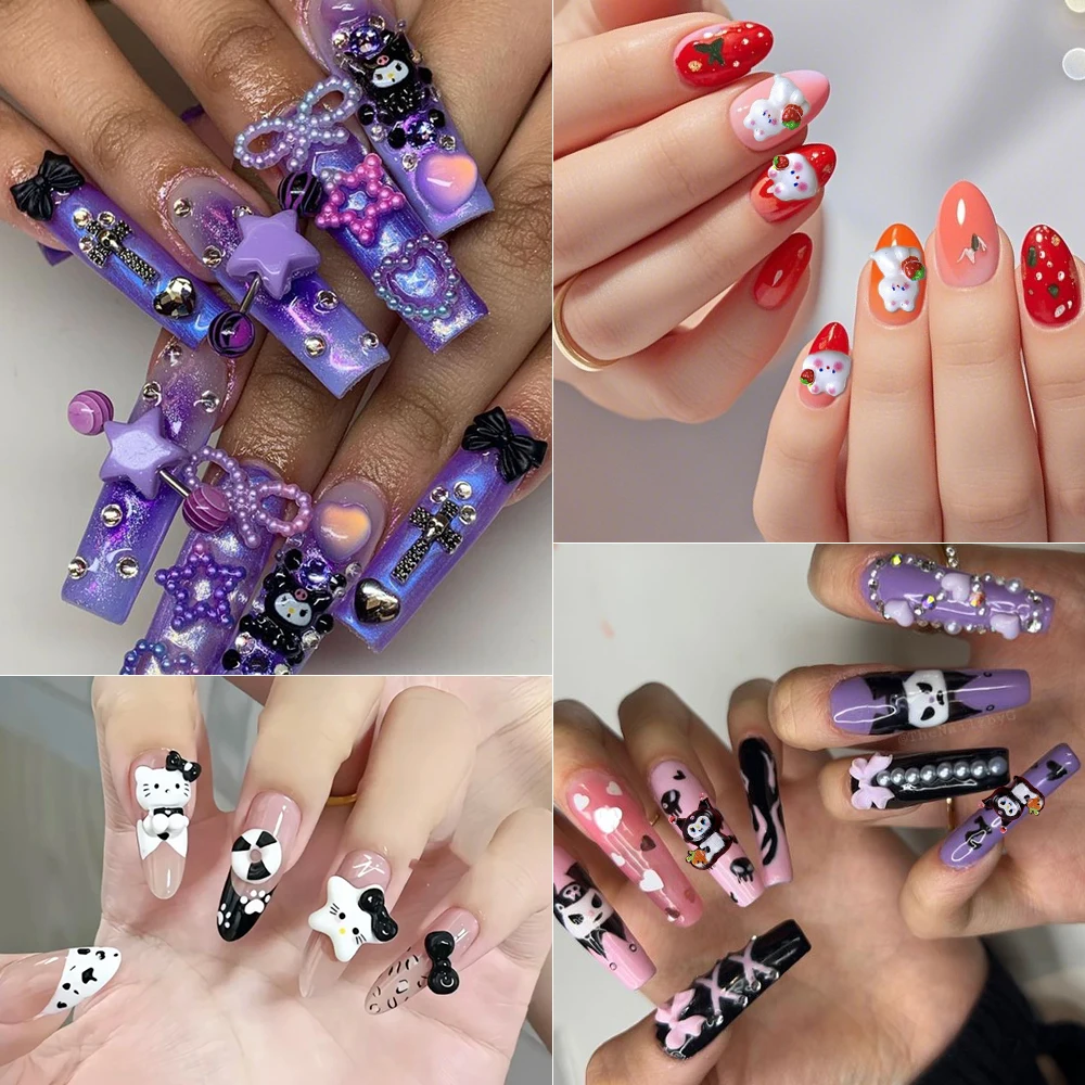 12/24Grids Cute Kuromi/Hellokitty Nail Rhinestones Cartoon Anime Kuromi Kitty Cat Bow Nail Charms Resin Jewelry Manicure Crafts