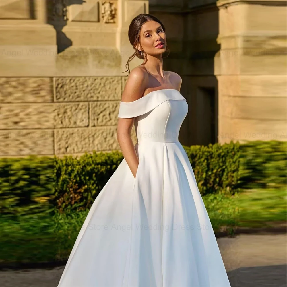 ANGEL فستان زفاف أنيق من الساتان للعروس 2025 مخصص ألين قبالة الكتف زي العرائس طول الأرض Vestidos De Novia