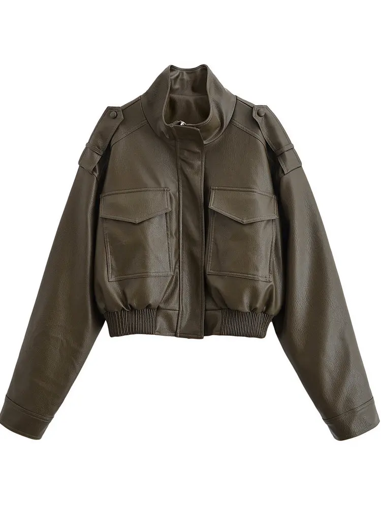 

2025 Autumn Women's American Retro Loose Green Faux Leather Bomber Jackets Lady High Street Long Sleeve PU Zipper Pockets Coats