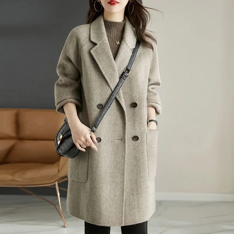 2023 autumn and winter new double-sided woolen coat women's medium and long suit collar temperament high-end loose and thin