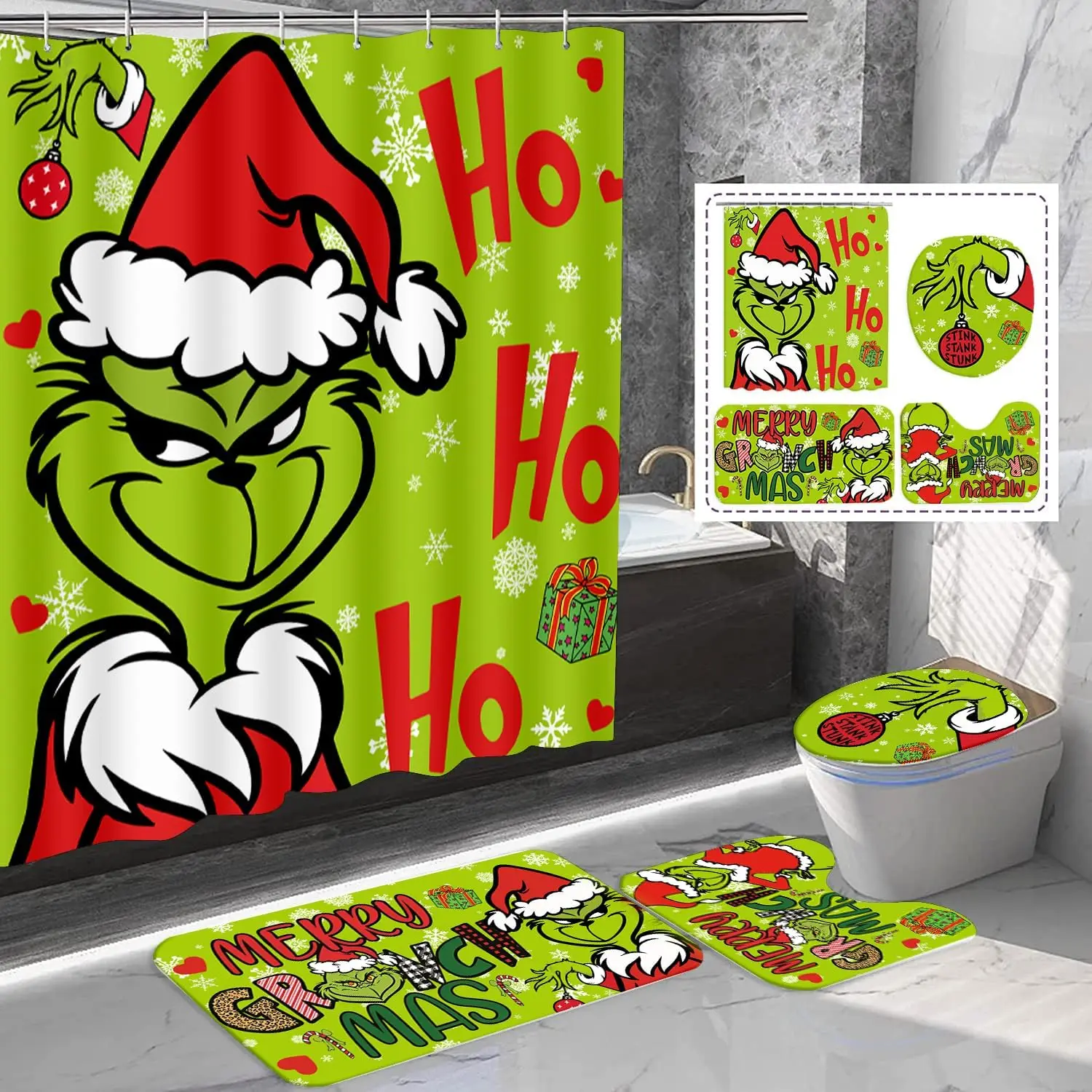 

4-Piece Christmas Bathroom Set with Shower Curtain, Non-Slip Rugs, Toilet Cover - 72x72 Inches Holiday Decor