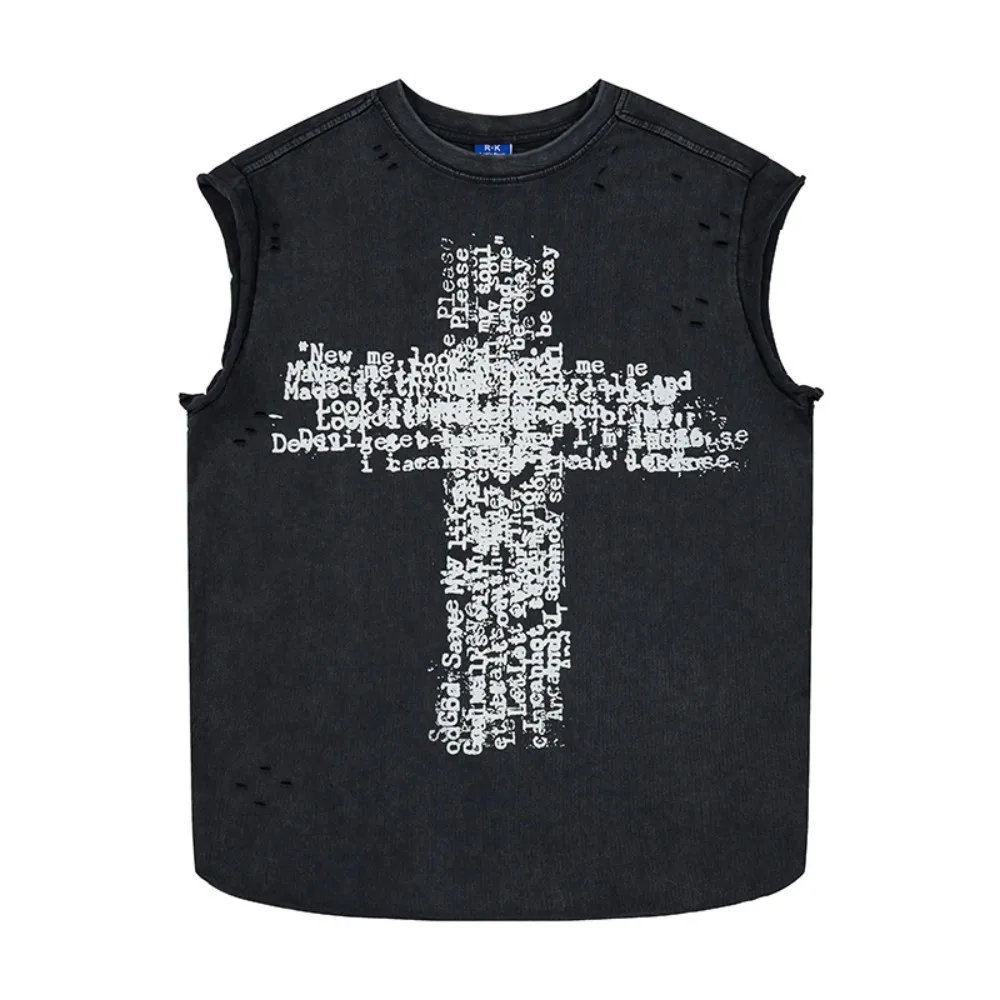 

2026 Summer Ripped Tank Top Man Washed Streetwear Y2k Sleeveless T Shirt Tees Cross Printed Cotton Baggy Clothes Tops Distressed