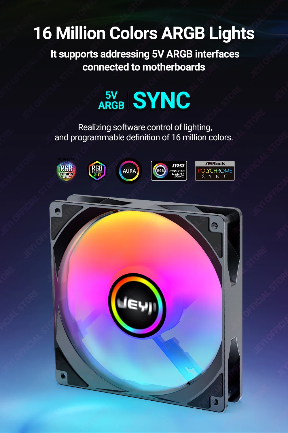 JEYI 120 mm PC-ARGB-Lüfter AURA SYNC RGB-Computerlüfter Ultra Silent Heatsink Ventilador mit 4PIN PWM und 5V 3PIN ARGB-Anschluss – Detail 2