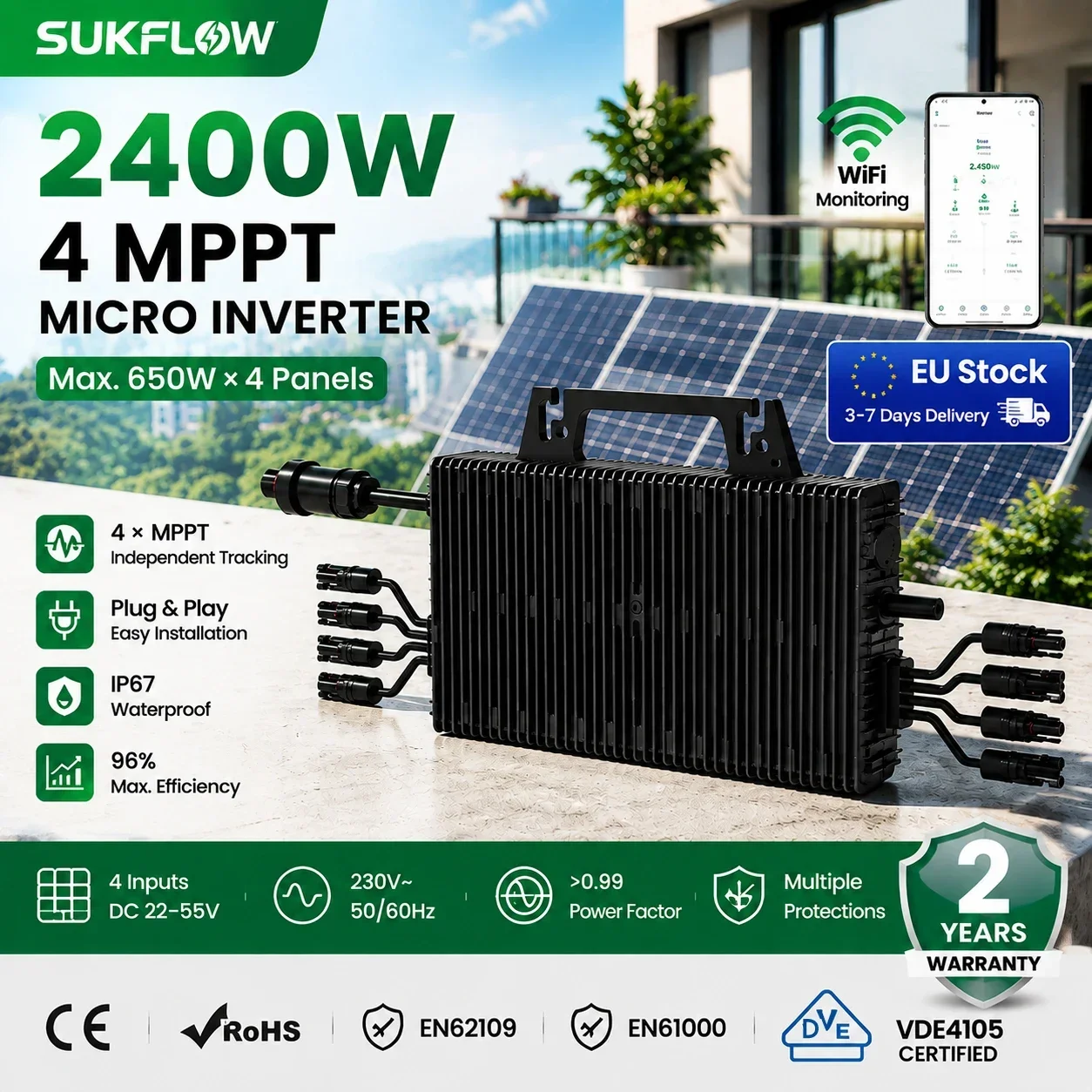Image of 2400W Mikrowechselrichter 4 MPPT Solar-Netzwechselrichter mit WiFi-Überwachung IP67 Wasserdicht Balkon-PV-Solarsystem EU-Version