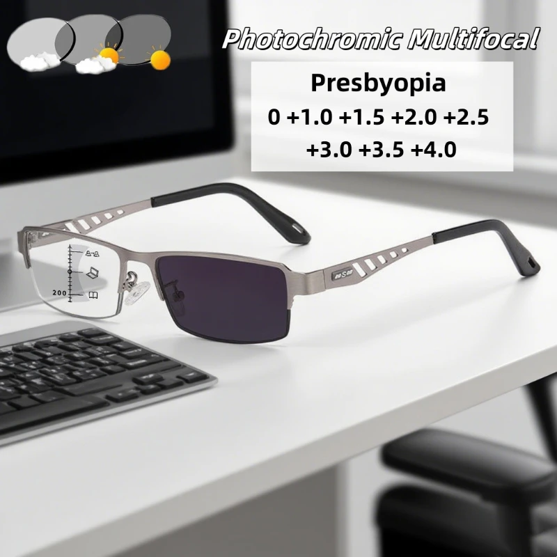 

Fashion Metal Half Frame Photochromic Multifocal Presbyopia Glasses Men's Business Anti Blue Light Glasses Diopter To +4.0