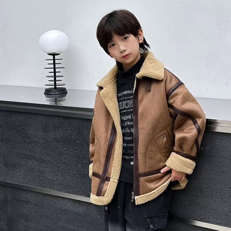 Boys Winter Jacket Fleece Lined Thick Warm Coat 2026 New Children Suede Leather Biker Moto Jacket Fur Lined Outerwear