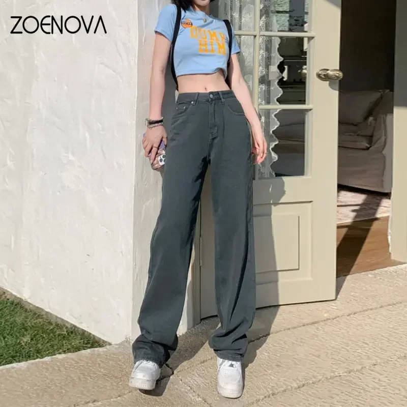 

ZOENOVA 2023 Chic New Ladies Non Strech Hot Style Design Wide Leg Loose Pants Slim High Waist Distressed Purple Space Gray Jeans