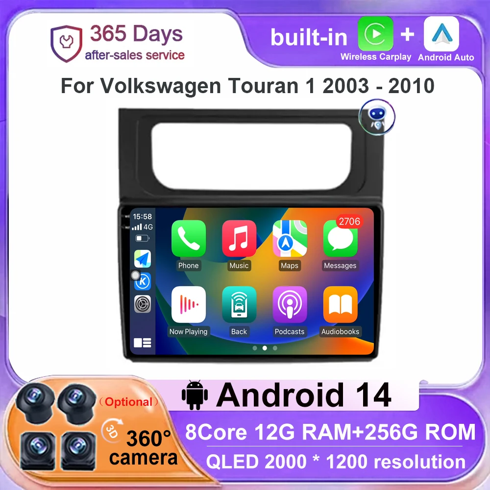 

Автомагнитола Carplay для Volkswagen Touran 1 2003-2010, Android 14, мультимедийный видеоплеер, навигация, стерео, GPS, Wi-Fi, разъем 2Din