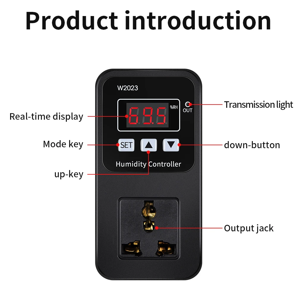 1500W Humidity Controller Socket AC110-220V Humidifier LCD Digital HUMI Control Switch W2023 0-99%Humidity Detection EU US Plug