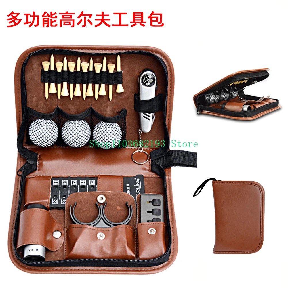 Golf Equipment Multi-Function Kit End Parts Leather Bag Scoring Device Range Finder Ball Clip Knife Ball Nail Brush