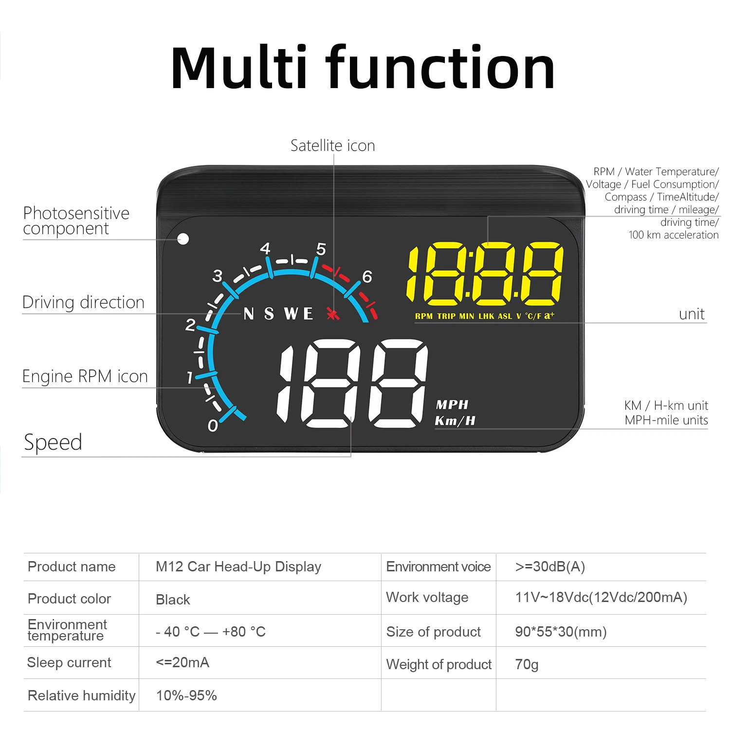 M12 OBD2 + GPS HUD Head Up Display Car Speedometer With Altitude Compass Projection Fuel Consumption Water Temp Voltage Gauge view 4