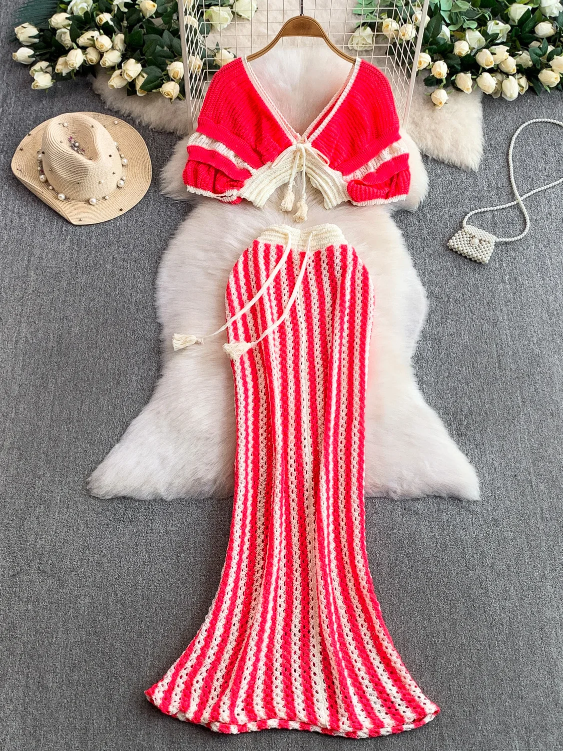 n Vaion Sle مثير V-Ne محبوك مع ذيل Fi طويل مجوف تصميم مكون من قطعتين مجموعة Ele ملابس غير رسمية للتاريخ #2