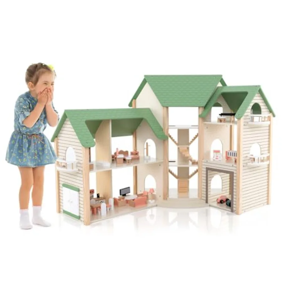 

Wooden Dollhouse, Pretend House w/ 6 Rooms, 3 Storytelling, Ample Accessories, Stair & Door, Ideal Gift for Kids 3+ Years Old