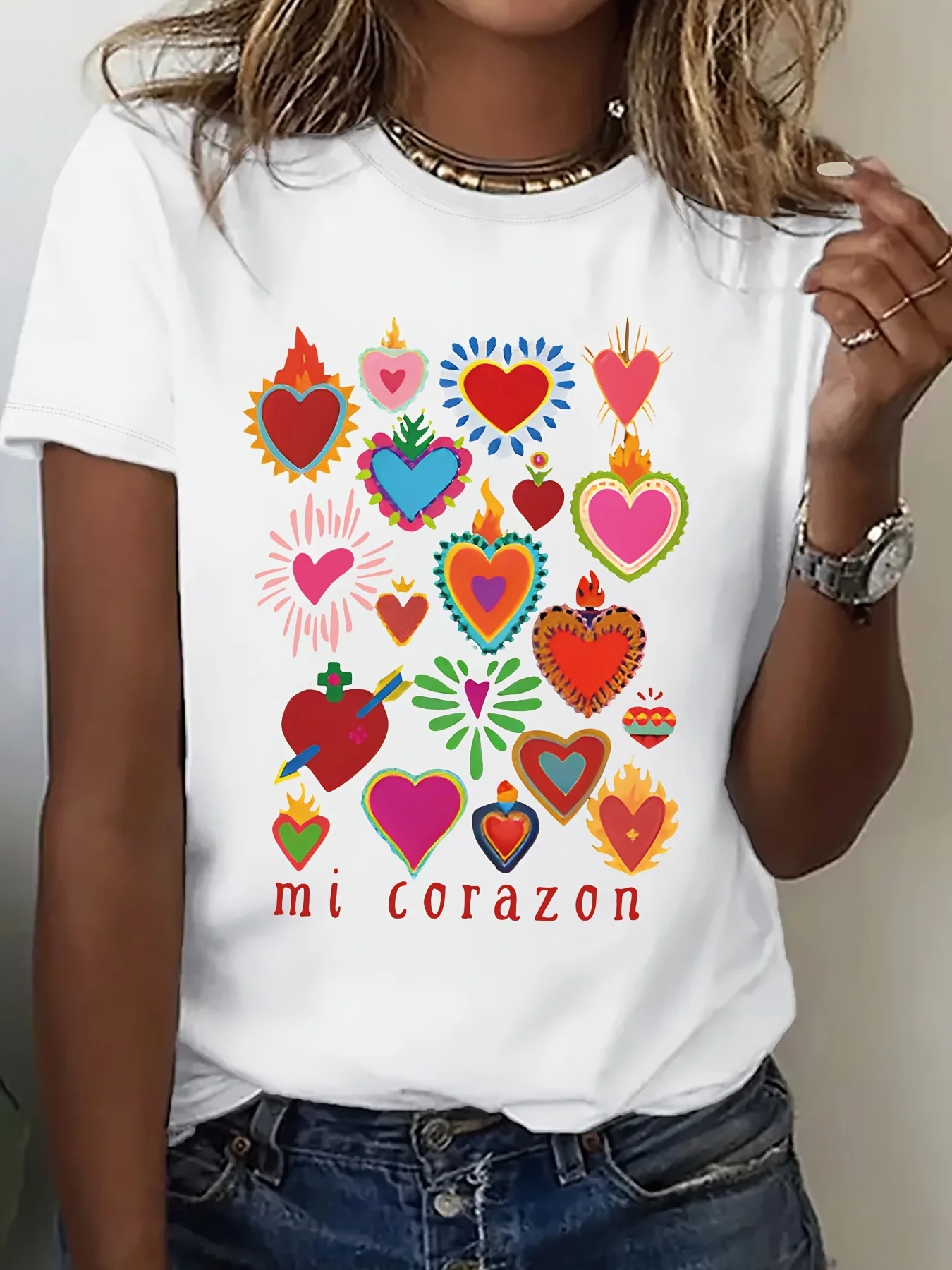 2025 New Women's Mi Corazon Latino Cultural Graphic T-Shirt - Vibrant Heart Print with Spanish-Inspired Patterns, Soft Crew