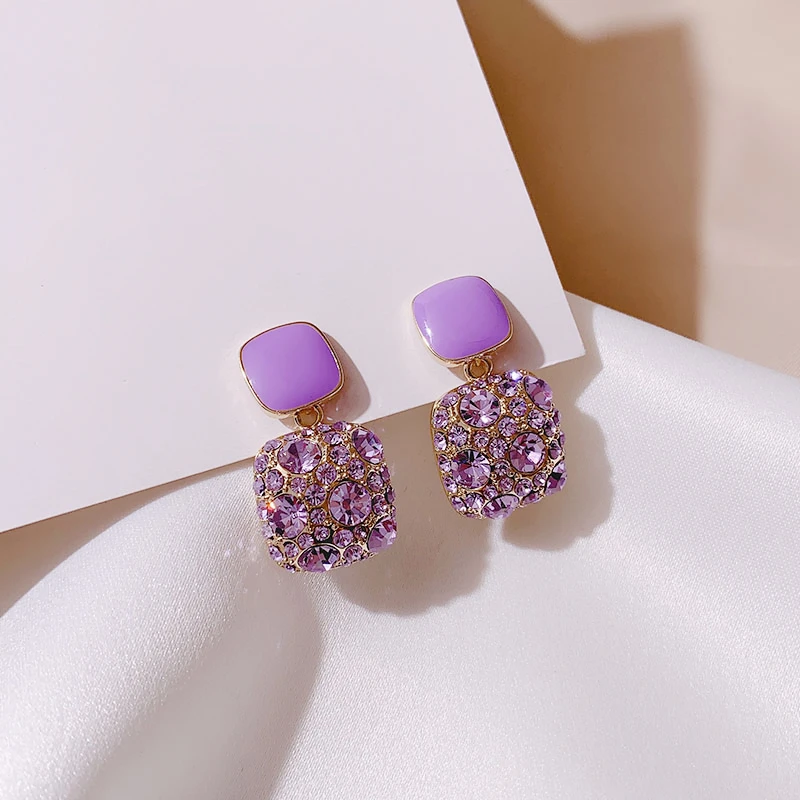 Pendiente cuadrado de diamantes de imitación púrpura para mujer, exquisita moda, dulce temperamento de alta calidad, joyería de Europa y América