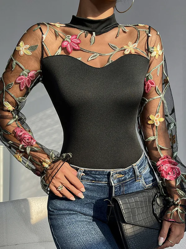 Body damskie z haftem, prześwitujące, z wycięciami, seksowne, dopasowane, jednoczęściowe, z wysokim stanem.