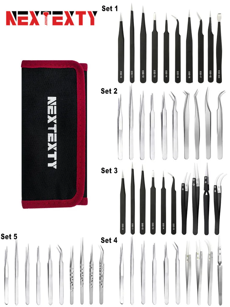 Jeu de pincettes avec sac, 10 pièces, Kits de pincettes de précision antistatiques électroniques industrielles ESD en acier inoxydable, outils manuels de réparation de téléphones