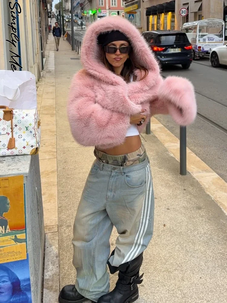 Ladies Soft Pink Faux Fur Jacket Long Sleeve Wide Lapel Warm Pockets Coat Autumn Winter Daily Party Streetwear Trendy Outerwear