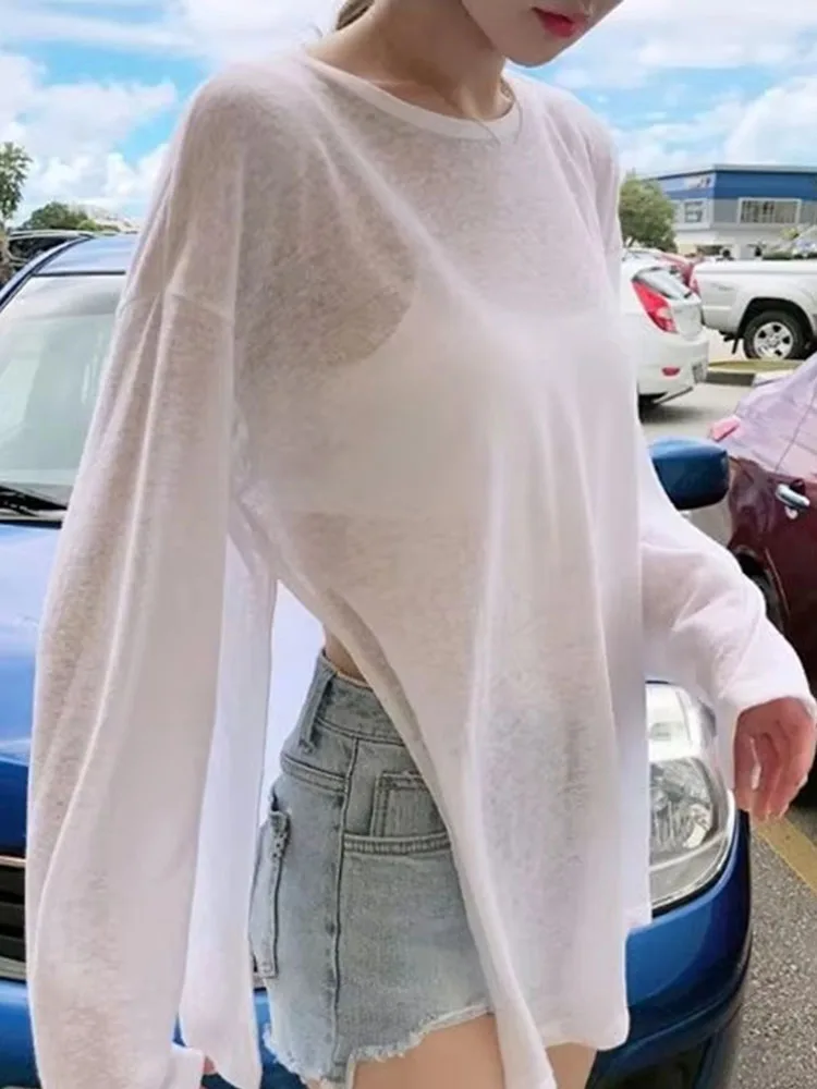 Women Summer Uv Protection Long Sleeve Beach Cover Up Knit Split Hem Loose Lightweight Breathable Ice Silk Tops