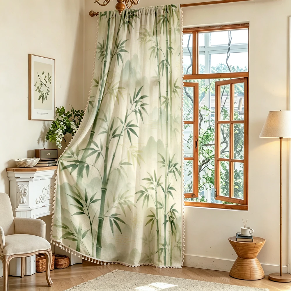 1PC Plant Tassel Sheer Curtains, Green Bamboo, Digital Print, Linen Polyester, Bedroom Living Room, Rod Pocket Polyester