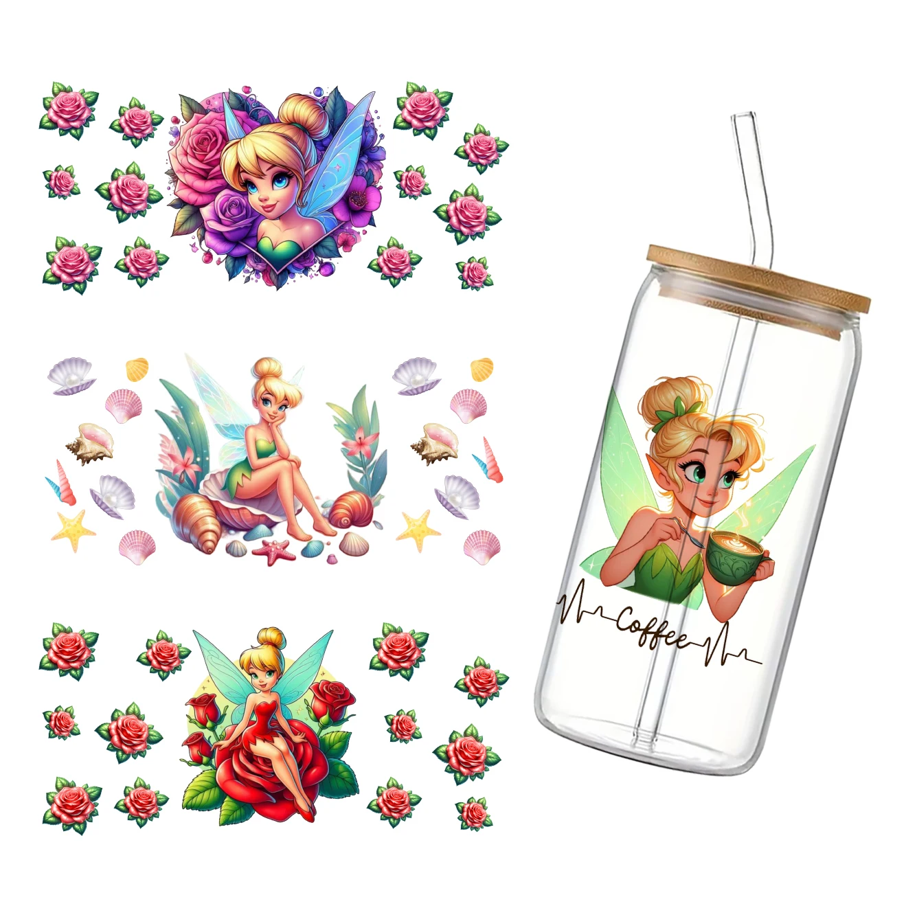 Disney Princess Tinker Bell 11x24cm UV DTF Wraps Transfer Sticker DIY For 16oz Glass Cup Waterproof Decals Coffee Cup Sticker