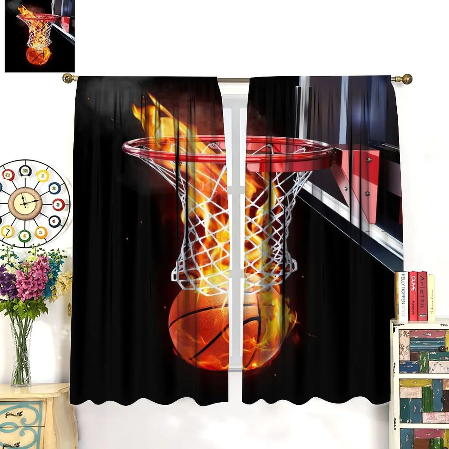 Sports Basketball Decor Window Curtains, Ball Flame Splashing Thunder Lightning Window Drapes, Boys Teen Men Living Room Bedroom